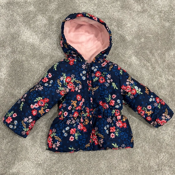 Toddler Girls Floral Hooded Coat with Pink Lining - 2T - Picture 3 of 5